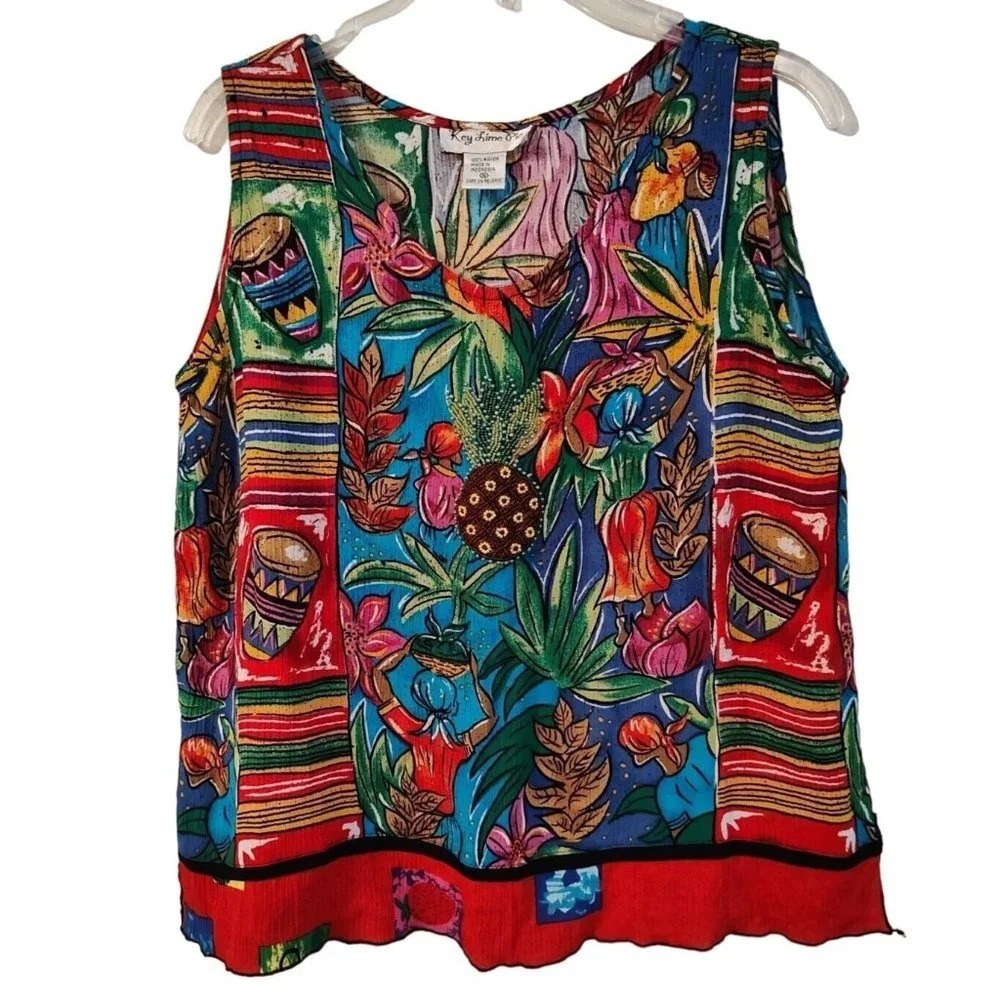Vintage Key Lime Pie Sleeveless Tank Top Women Size S Beaded Crinkle Tribal